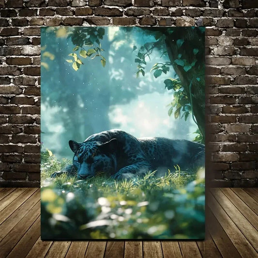Enchanted Forest Panther Morning Mist Scene Painting 40x60cm Metal Print Ready to Hang