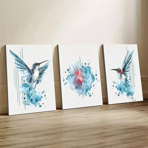 3pcs Creative Vibrant Blue Hummingbird Canvas Unframed - High Quality Print 100% Australian Made Wall Canvas - Bella Home Decor