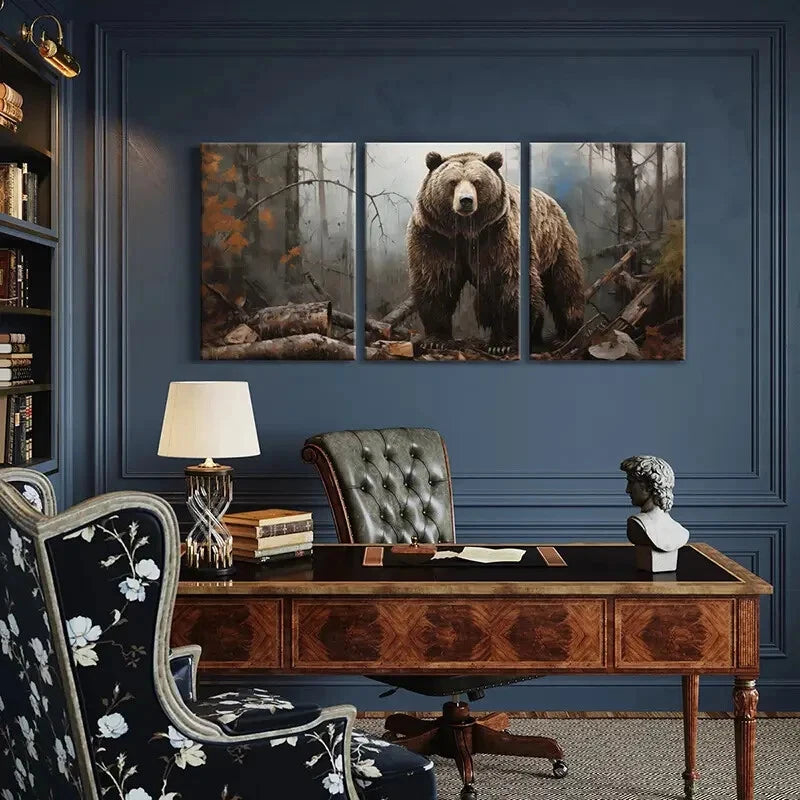 3pcs Artistic Bear Forest Scene Wildlife Decor Metal Print Ready to Hang Art - Bella Home Decor