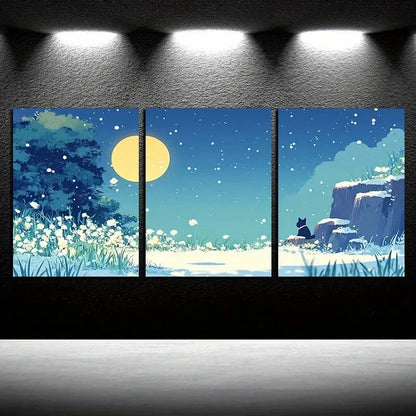 3pcs Moonlit Field with Cat illustration Metal Print Ready to Hang Art - Bella Home Decor