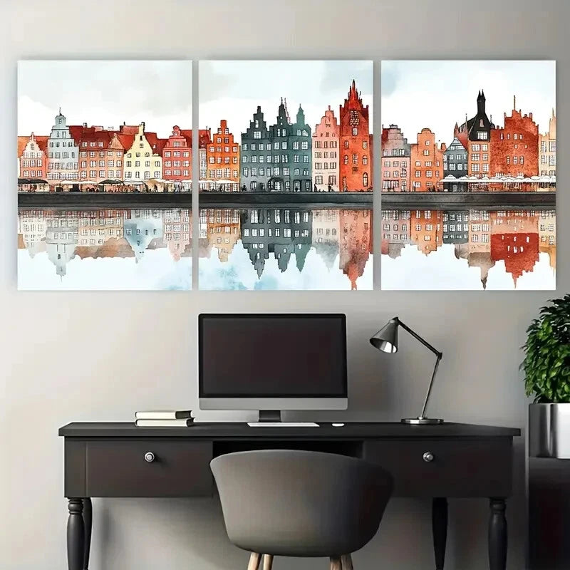 3pcs Gdansk Poland Travel Cityscape Waterfront Metal Print Ready to Hang Art - Bella Home Decor