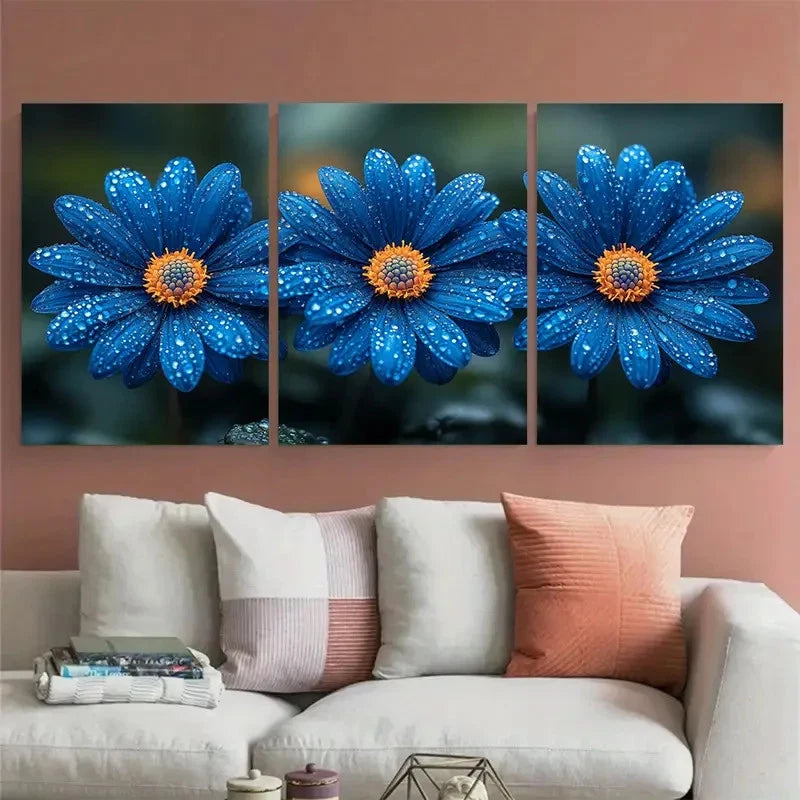 3pcs Blue Daisy Flowers Illustration Metal Print Ready to Hang Art - Bella Home Decor