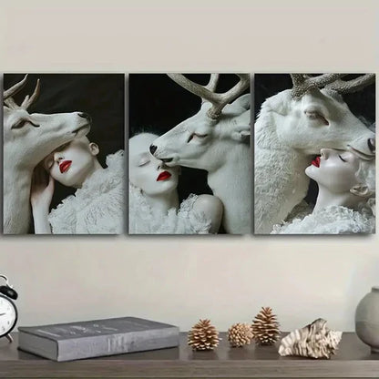 3pcs White Deer, girl Wall Art Set Canvas Unframed - High Quality Print 100% Australian Made Wall Canvas