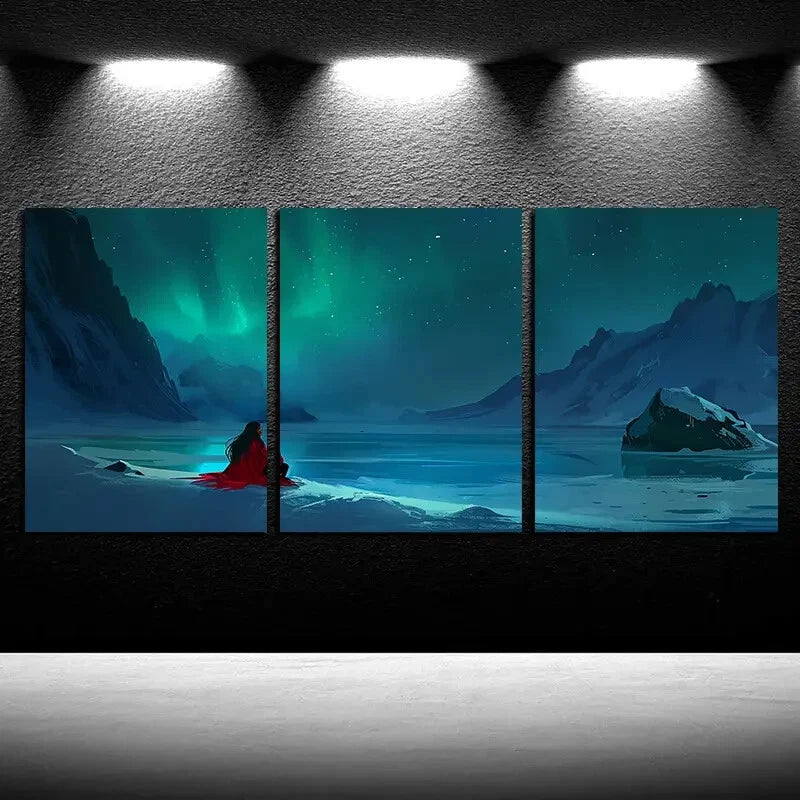 3pcs Vibrant Aurora Borealis Illustration Metal Print Ready to Hang Art - Bella Home Decor