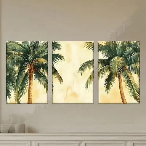 3pcs Palm Trees on a Yellow Background  Wall Art Set Canvas Unframed - High Quality Print 100% Australian Made Wall Canvas - Bella Home Decor
