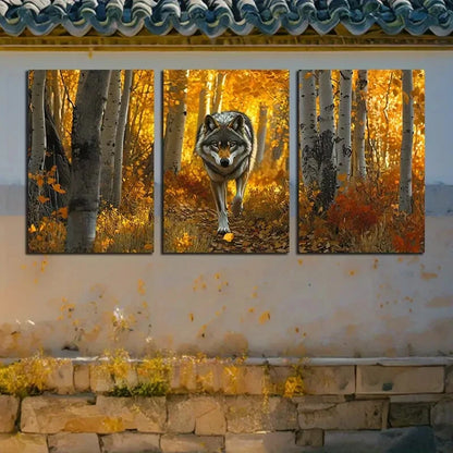 3pcs Vibrant Lonely Wolf in Autumn Forest Metal Print Ready to Hang Art - Bella Home Decor
