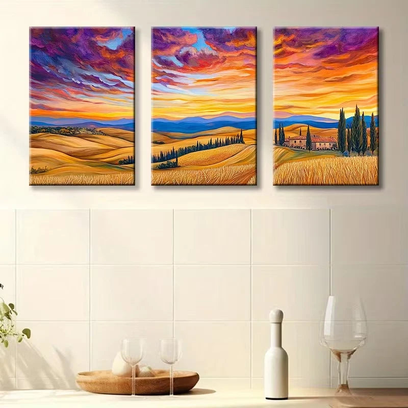 3pcs Sunset Landscape Fields Wall Art Set Canvas Framed 50x70cm - High Quality Print 100% Australian Made Wall Canvas Ready to Hang