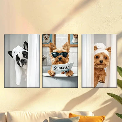 3pcs Cute bathroom french bulldog Wall Art Set Canvas Framed 40x60cm - High Quality Print 100% Australian Made Wall Canvas Ready to Hang - Bella Home Decor