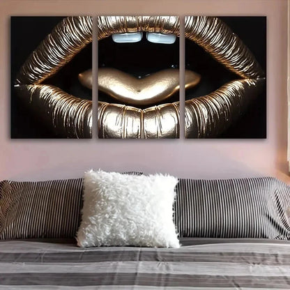3pcs Golden Lips And Heart Design Metal Print Ready to Hang Art - Bella Home Decor