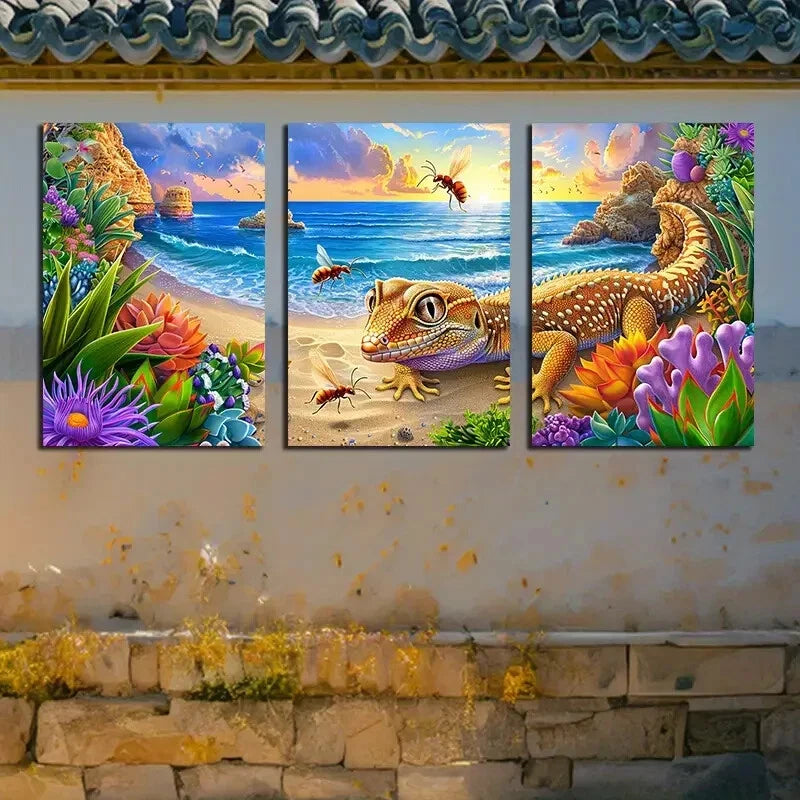 3pcs Vibrant Ocean Sunset Wasps & Lizard Metal Print Ready to Hang Art - Bella Home Decor