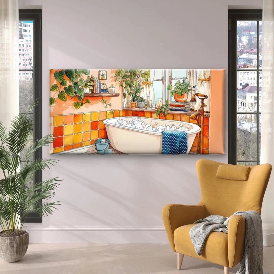 Bathroom Scene with Warm Tiled Wall Art Canvas Office Home Room Framed 120x60cm