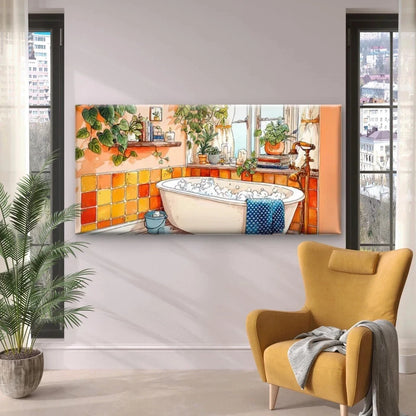 Bathroom Scene with Warm Tiled Wall Art Canvas Office Home Room Framed 120x60cm