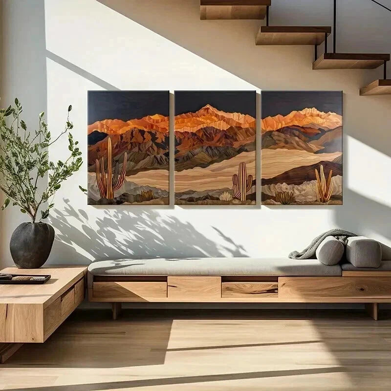 3pcs Desert Landscape Artwork Cactus Mountains Wall Art Set Canvas Framed 40x60cm - High Quality Print 100% Australian Made Wall Canvas Ready to Hang - Bella Home Decor