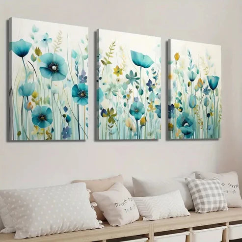 3pcs Beautiful Light Blue Wildflower Field Wall Art Set Canvas Unframed - High Quality Print 100% Australian Made Wall Canvas - Bella Home Decor