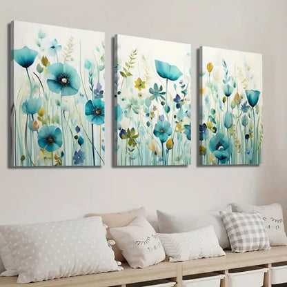 3pcs Beautiful Light Blue Wildflower Field Wall Art Set Canvas Unframed - High Quality Print 100% Australian Made Wall Canvas - Bella Home Decor