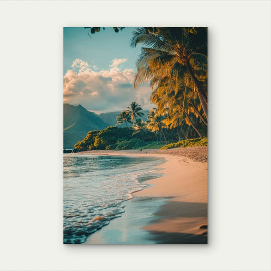Tropical Palm Beach Sunset Ocean Waves 40x60cm Metal Print Ready to Hang