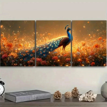 3pcs Peacock in Golden Flower Field Wall Art Set Canvas Framed 40x60cm - High Quality Print 100% Australian Made Wall Canvas Ready to Hang
