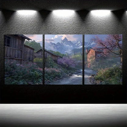 3pcs Rustic Landscape and Houses Metal Print Ready to Hang Art