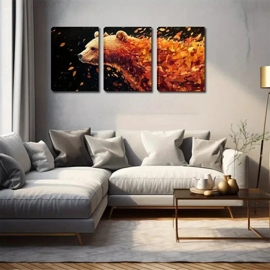 3pcs Modern Bear & Autumn Leaves Décor Perfect Wall Art Set Canvas Framed 50x70cm - High Quality Print 100% Australian Made Wall Canvas Ready to Hang