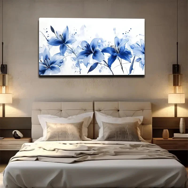 Blue Floral Modern Aesthetic Wall Art Canvas Office Home Room Framed 120x60cm