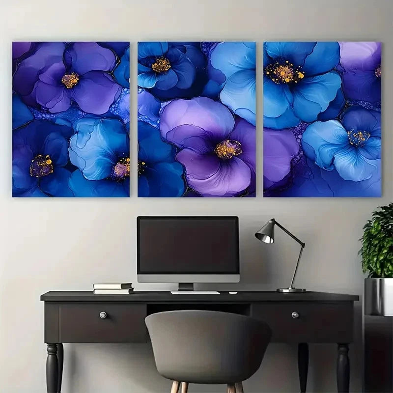 3pcs Vibrant Floral in Abstract Blue and Purple Metal Print Ready to Hang Art - Bella Home Decor