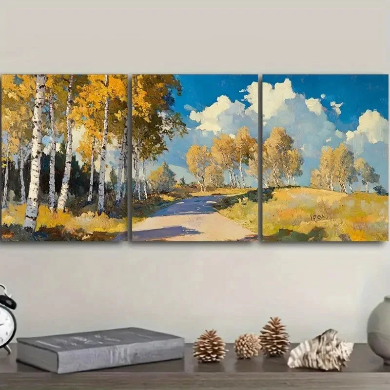 3pcs Birch Forest in Autumn, Luxurious Wall Art Set Canvas Framed 40x60cm - High Quality Print 100% Australian Made Wall Canvas Ready to Hang