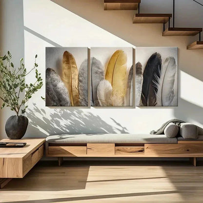 3pcs Feather Arrangement Elegant Natural Texture Metal Print Ready to Hang Art