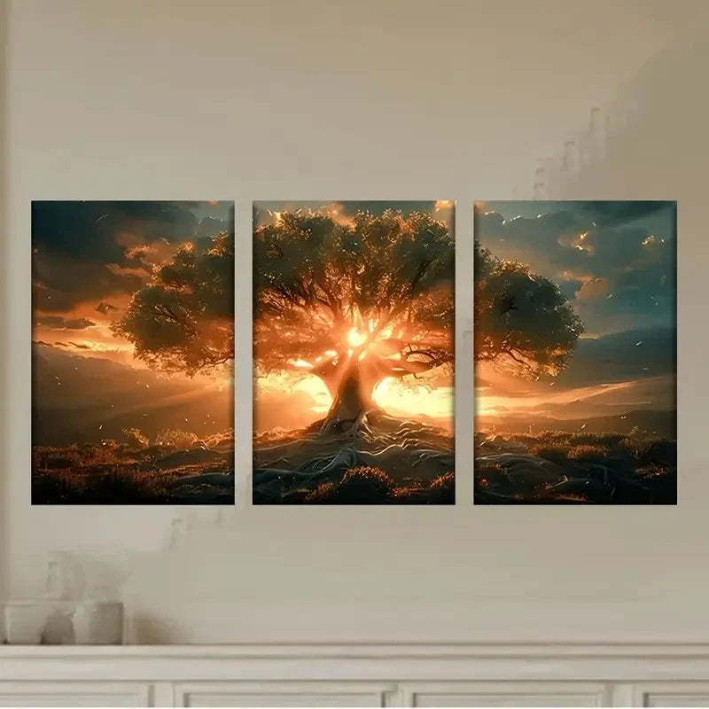 3pcs a tree with the sun shining through it Wall Art Set Canvas Framed 50x70cm - High Quality Print 100% Australian Made Wall Canvas Ready to Hang - Bella Home Decor