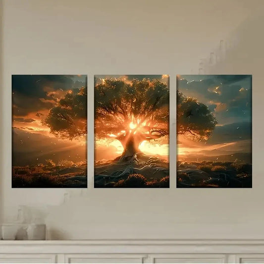 3pcs a tree with the sun shining through it Wall Art Set Canvas Framed 50x70cm - High Quality Print 100% Australian Made Wall Canvas Ready to Hang