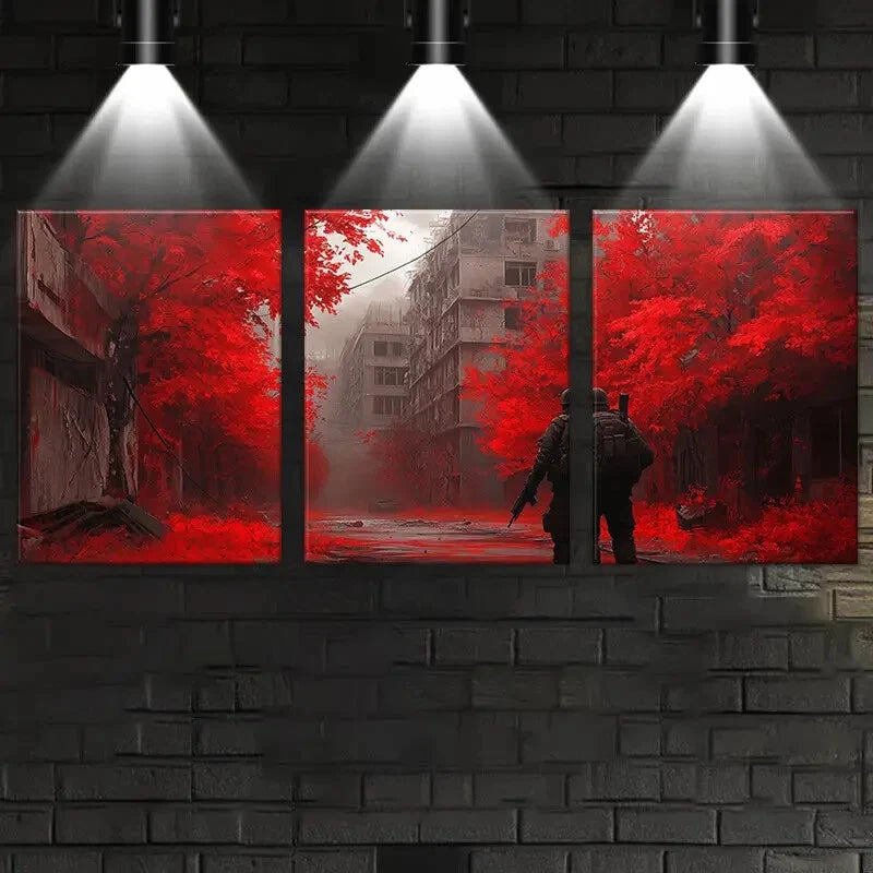 3pcs Vibrant Red Cityscape Modern Metal Print Ready to Hang Art - Bella Home Decor