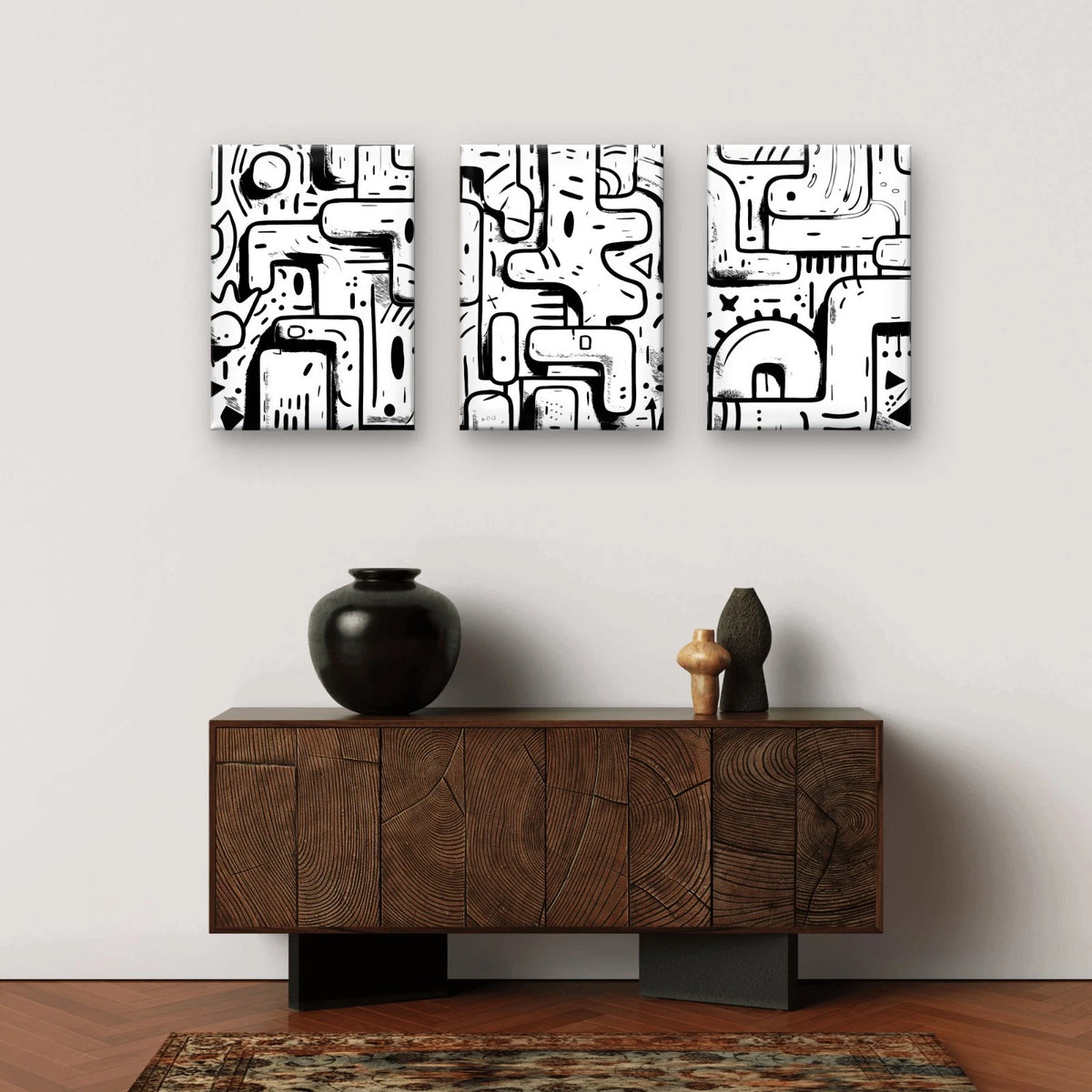3pcs Black and White Abstract Doodle Wall Art Set Canvas Framed 60x90cm - High Quality Print 100% Australian Made Wall Canvas Ready to Hang