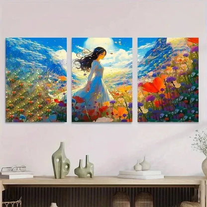 3pcs Beautiful Woman In Flower Vibrant Landscape Wall Art Set Canvas Unframed - High Quality Print 100% Australian Made Wall Canvas - Bella Home Decor
