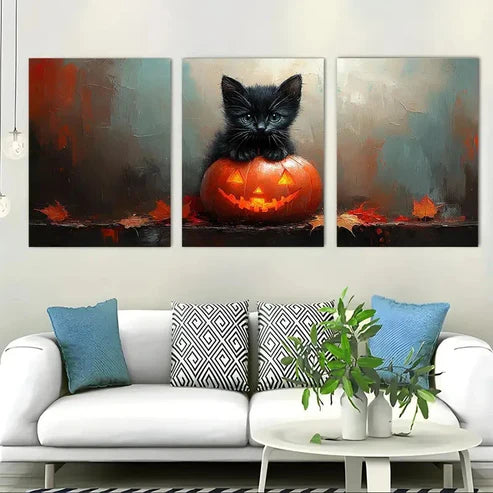 3pcs Black Cat on Glowing Pumpkin with Ghost Wall Art Canvas Unframed - High Quality Print 100% Australian Made Wall Canvas - Bella Home Decor