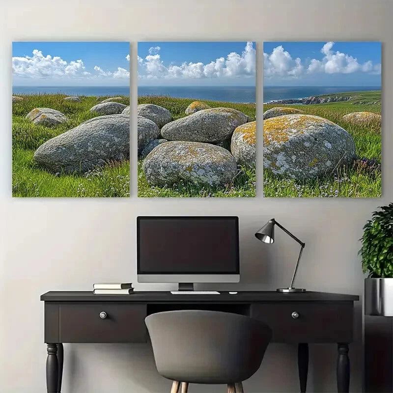 3pcs Sea Worn Boulders near Lands End Cornwall Metal Print Ready to Hang Art - Bella Home Decor
