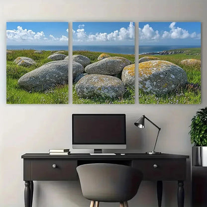 3pcs Sea Worn Boulders near Lands End Cornwall Metal Print Ready to Hang Art - Bella Home Decor