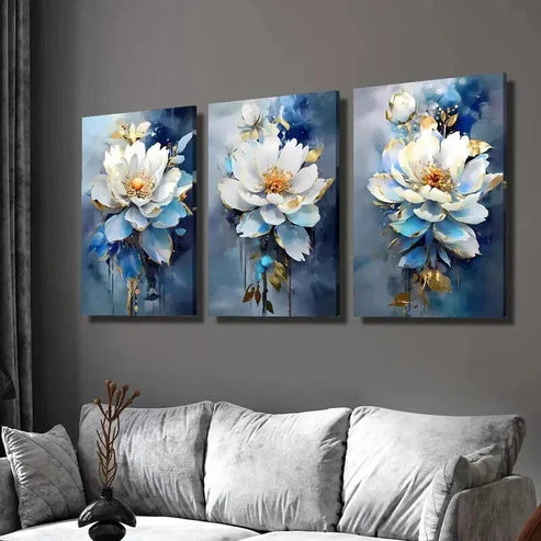3pcs Modern Luxury Blue and White Floral Wall Art Set Canvas Unframed - High Quality Print 100% Australian Made Wall Canvas