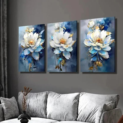 3pcs Modern Luxury Blue and White Floral Wall Art Set Canvas Unframed - High Quality Print 100% Australian Made Wall Canvas