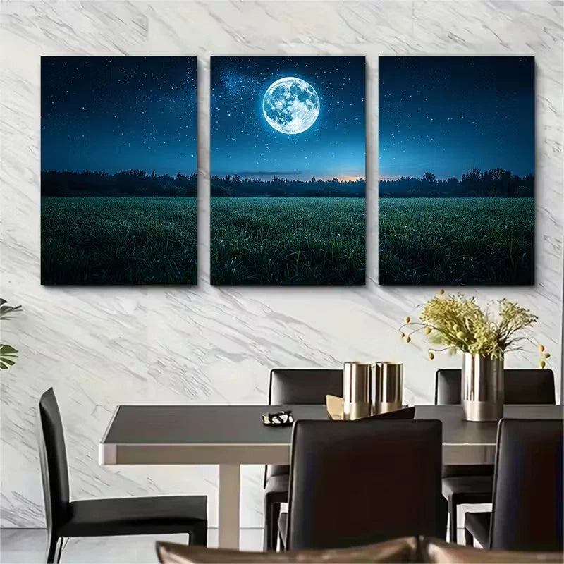 3pcs Full Moon Starry Night Metal Print Ready to Hang Art - Bella Home Decor