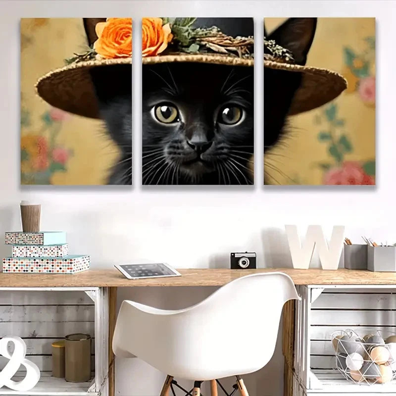 3pcs Black Cat in Straw Hat S   Wall Art Set Canvas Framed 50x70cm - High Quality Print 100% Australian Made Wall Canvas Ready to Hang - Bella Home Decor