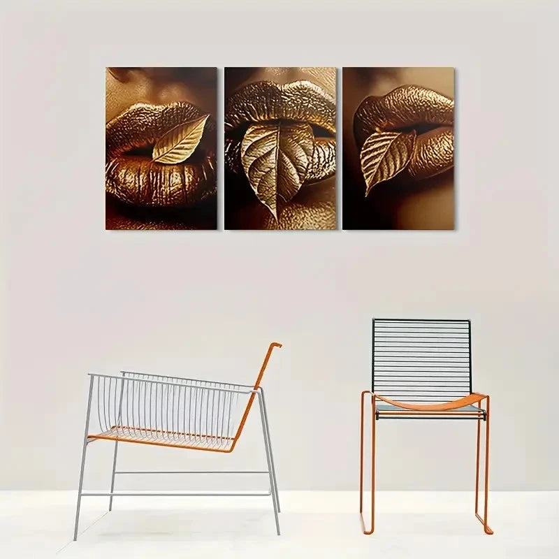 3pcs Golden Leaf Lips Triptych Metal Print Ready to Hang Art - Bella Home Decor