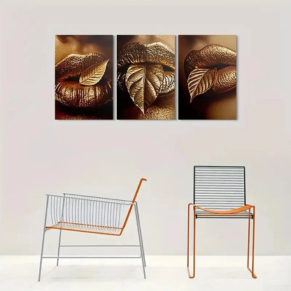3pcs Golden Leaf Lips Triptych Metal Print Ready to Hang Art - Bella Home Decor