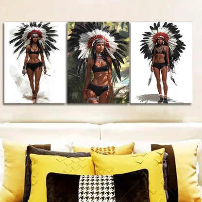 3pcs Indian Girls Wearing Feathered Headdresses Wall Art Set Canvas Unframed - High Quality Print 100% Australian Made Wall Canvas