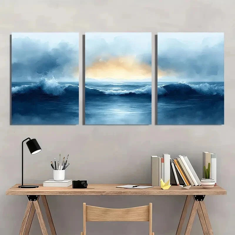 3pcs Ocean Beach Painting in Watercolor Style Metal Print Ready to Hang Art - Bella Home Decor