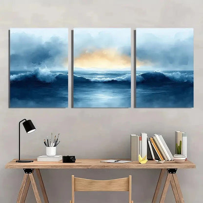 3pcs Ocean Beach Painting in Watercolor Style Metal Print Ready to Hang Art - Bella Home Decor