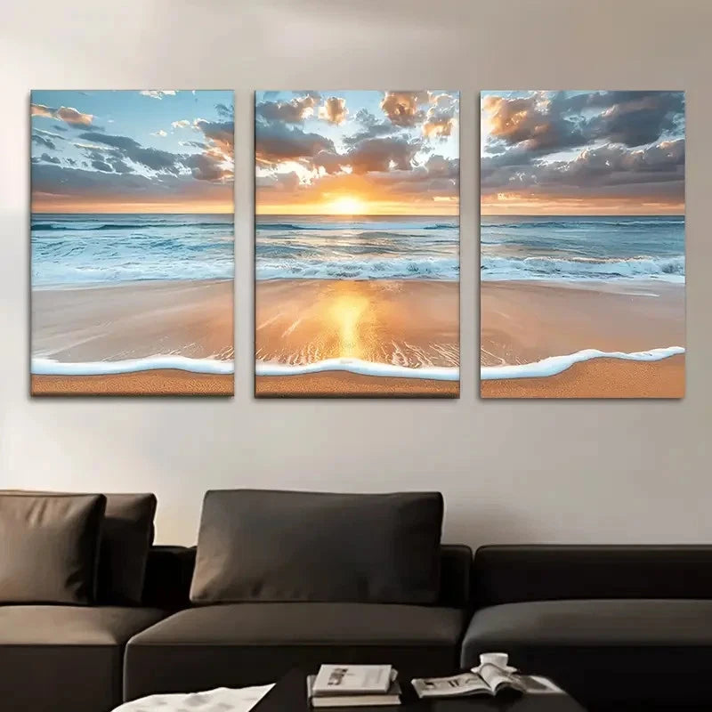 3pcs Beach Sunset Serene Ocean Waves Metal Print Ready to Hang Art - Bella Home Decor