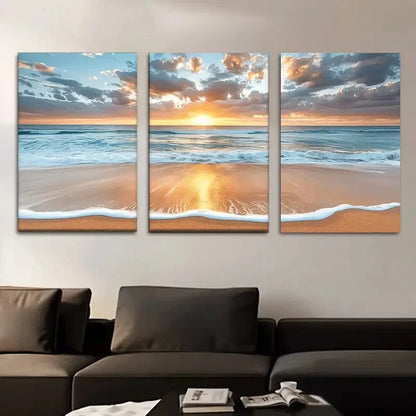 3pcs Beach Sunset Serene Ocean Waves Metal Print Ready to Hang Art - Bella Home Decor