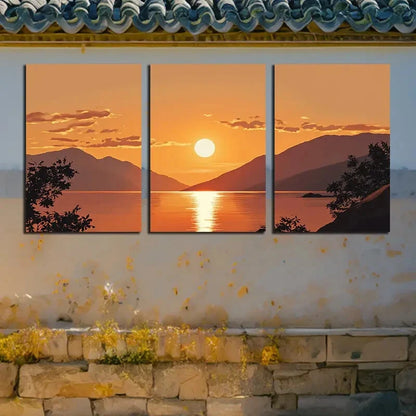 3pcs Vibrant Lake under the Sunset Illustration Metal Print Ready to Hang Art