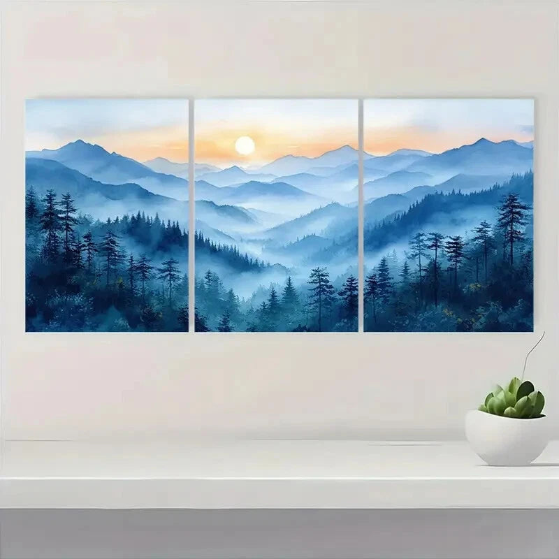 3pcs Mountains Watercolor Landscape Painting Metal Print Ready to Hang Art - Bella Home Decor