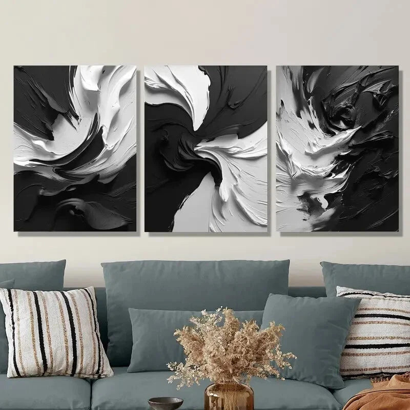 3pcs Abstract Black And White Thick Textured Wall Art Set Canvas Framed 40x60cm - High Quality Print 100% Australian Made Wall Canvas Ready to Hang