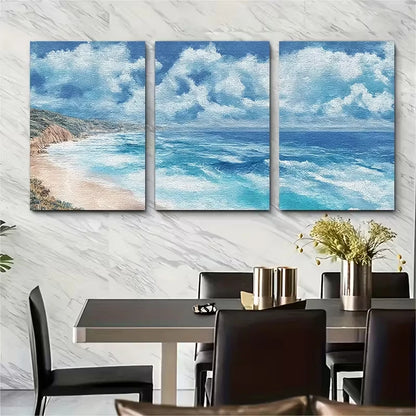 3pcs Ocean Beach Panoramic Painting Metal Print Ready to Hang Art